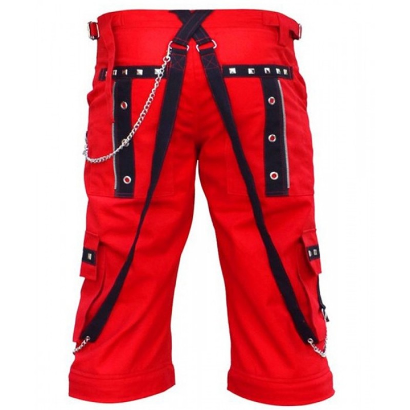 Men Gothic Red Short Black Straps Threads Metal Chain Cyber Short